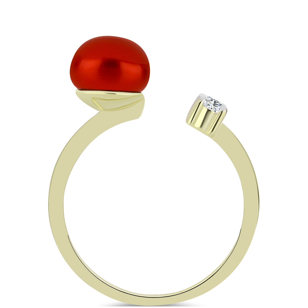Anillo de Plata Bañada en Oro con Perla roja de río y Topacio Blanco 2 