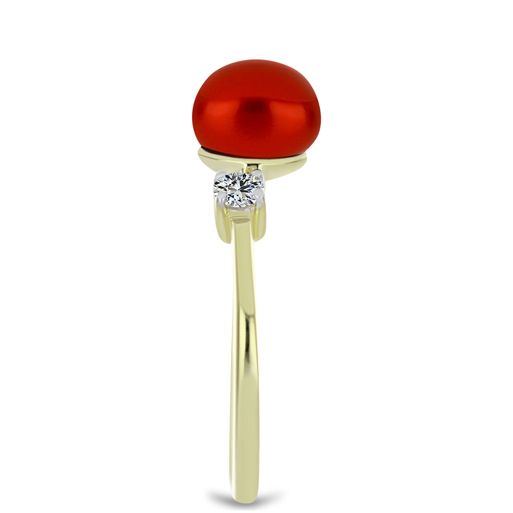 Anillo de Plata Bañada en Oro con Perla roja de río y Topacio Blanco 4 
