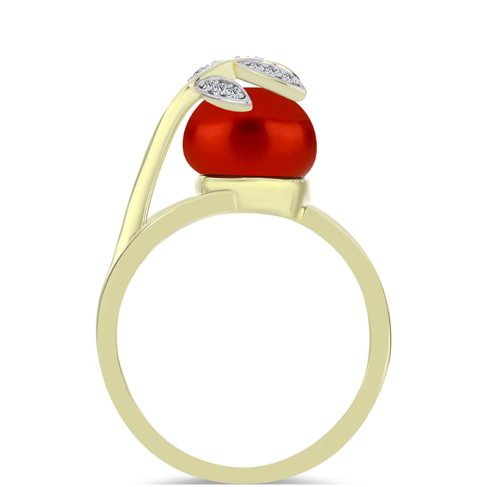 Anillo de Plata Bañada en Oro con Perla roja de río y Topacio Blanco 2 