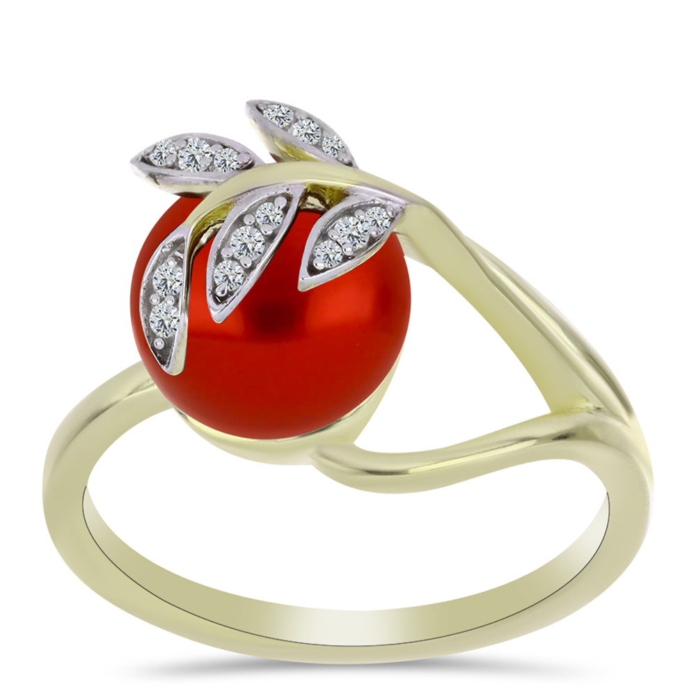 Anillo de Plata Bañada en Oro con Perla roja de río y Topacio Blanco