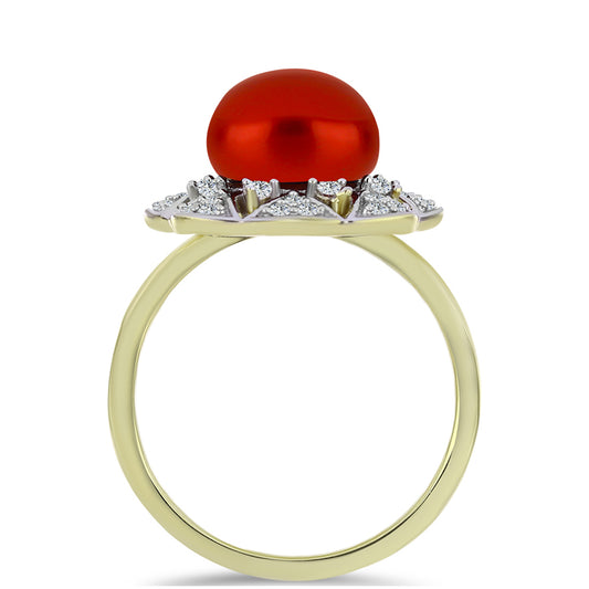 Anillo de Plata Bañada en Oro con Perla roja de río y Topacio Blanco