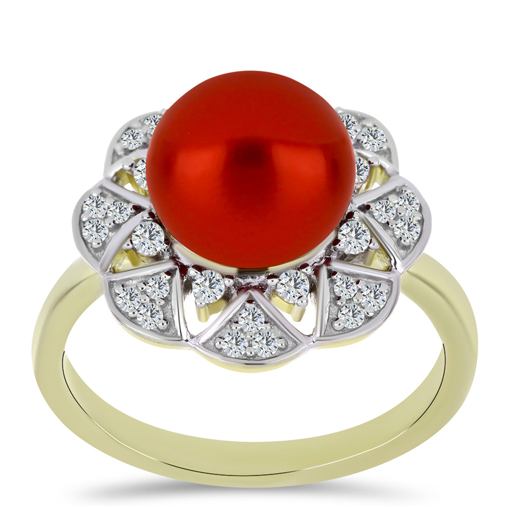 Anillo de Plata Bañada en Oro con Perla roja de río y Topacio Blanco