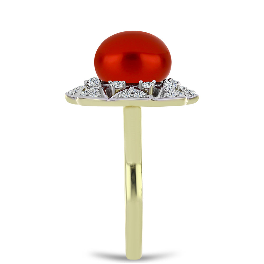 Anillo de Plata Bañada en Oro con Perla roja de río y Topacio Blanco 4 