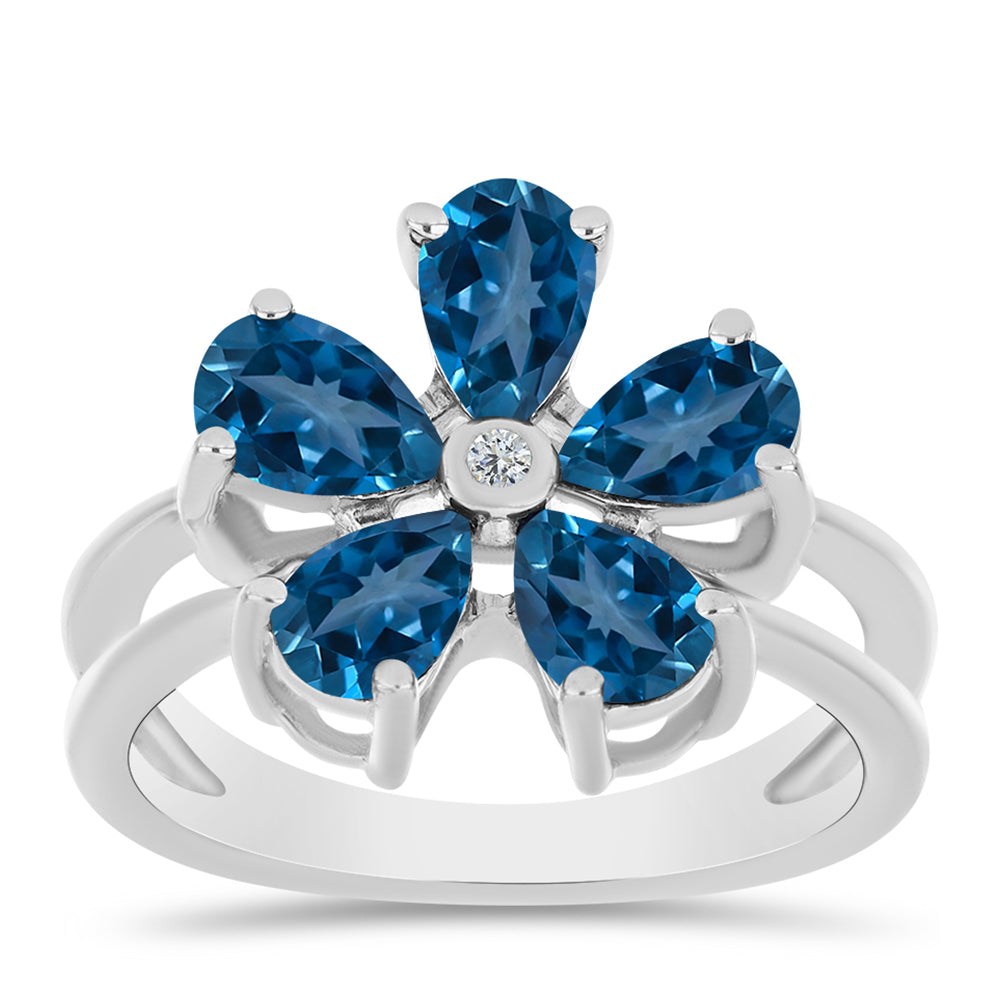 Anillo de Plata con Topacio Azul Londres y Topacio Blanco