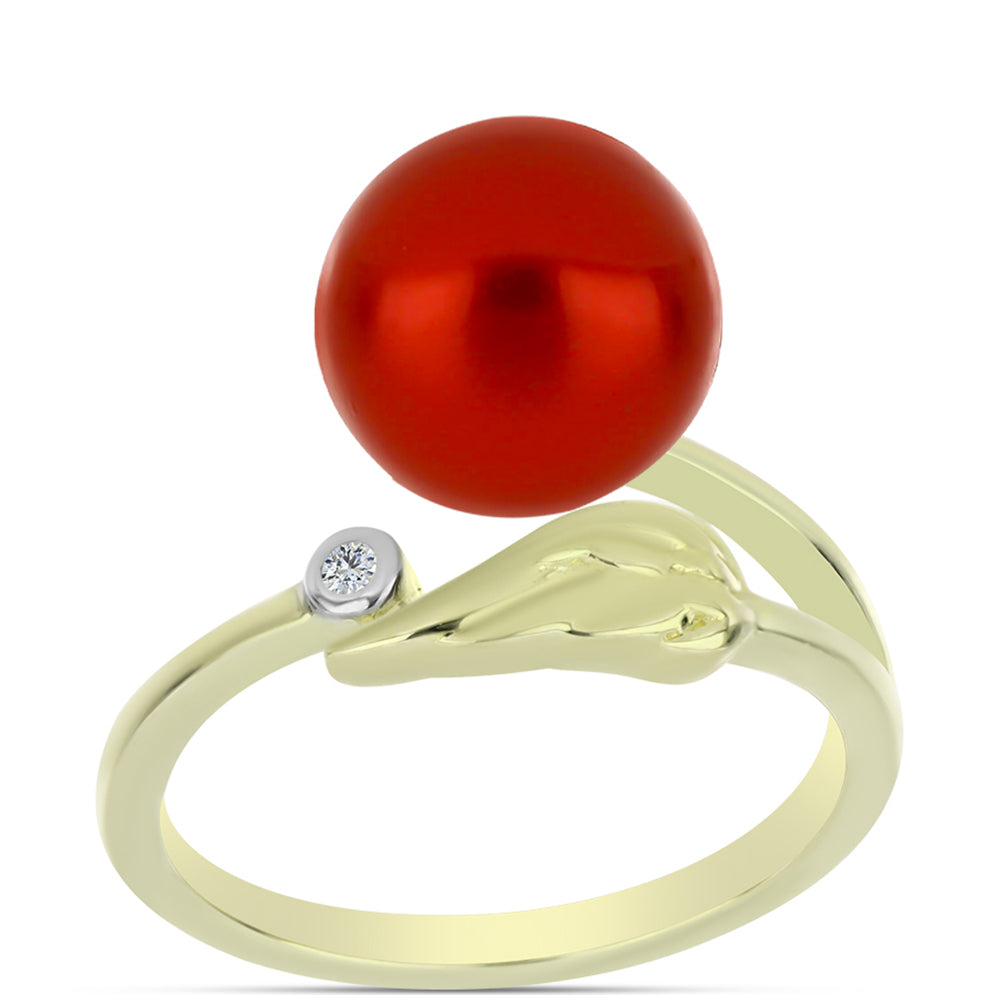 Anillo de Plata Bañada en Oro con Perla roja de río y Topacio Blanco 3 