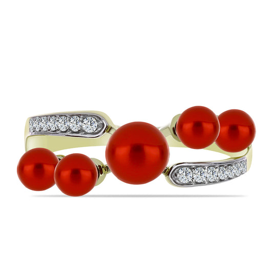 Anillo de Plata Bañada en Oro con Perla roja de río y Topacio Blanco