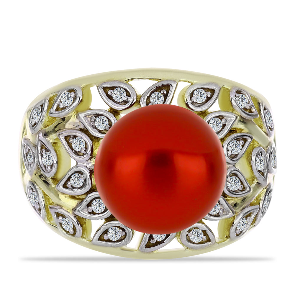 Anillo de Plata Bañada en Oro con Perla roja de río y Topacio Blanco 1 