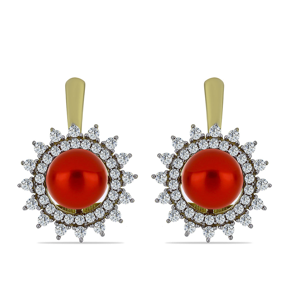 Pendientes de Plata Bañada en Oro con Perla roja de río y Topacio Blanco 1 