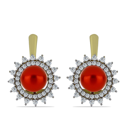 Pendientes de Plata Bañada en Oro con Perla roja de río y Topacio Blanco