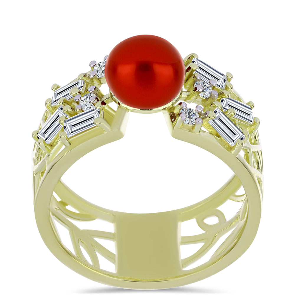 Anillo de Plata Bañada en Oro con Perla roja de río y Topacio Blanco