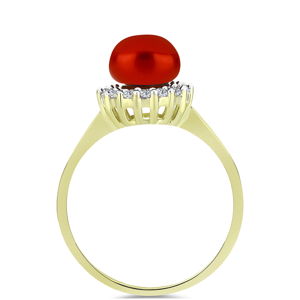Anillo de Plata Bañada en Oro con Perla roja de río y Topacio Blanco