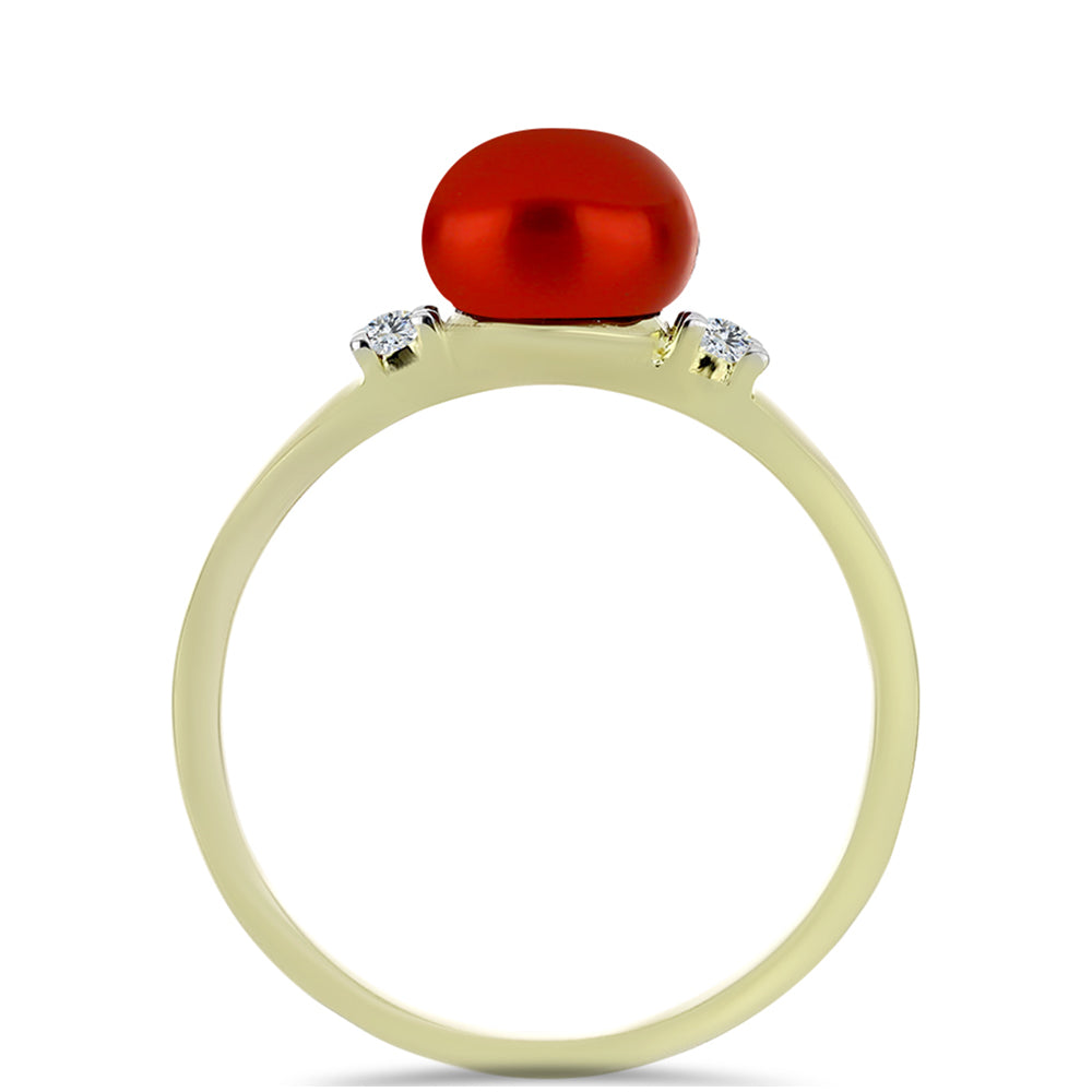 Anillo de Plata Bañada en Oro con Perla roja de río y Topacio Blanco