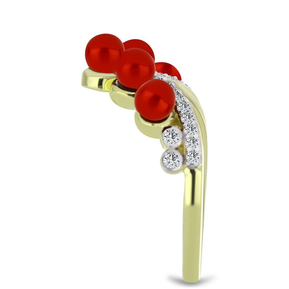 Anillo de Plata Bañada en Oro con Perla roja de río y Topacio Blanco