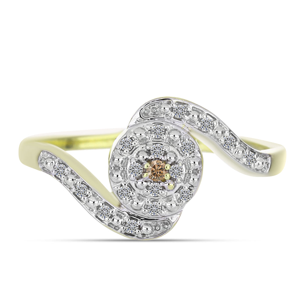 Anillo de Plata Bañada en Oro con Diamante Champagne y Diamante blanco