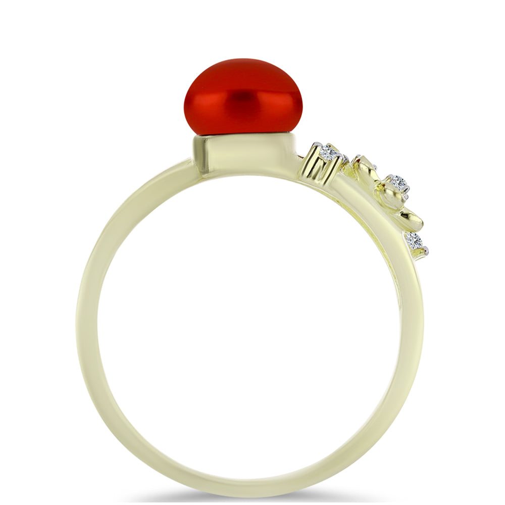 Anillo de Plata Bañada en Oro con Perla roja de río y Topacio Blanco