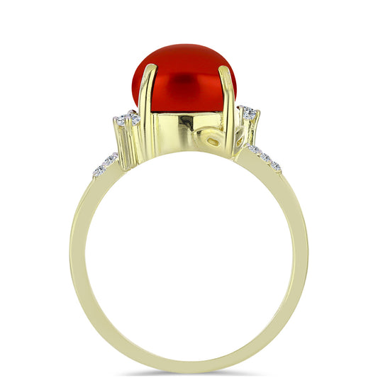 Anillo de Plata Bañada en Oro con Perla roja de río y Topacio Blanco