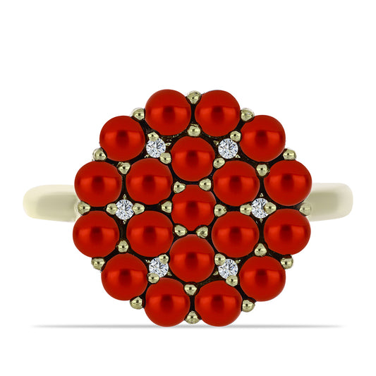 Anillo de Plata Bañada en Oro con Perla roja de río y Topacio Blanco