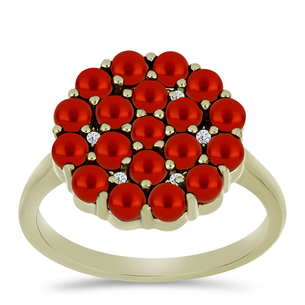 Anillo de Plata Bañada en Oro con Perla roja de río y Topacio Blanco