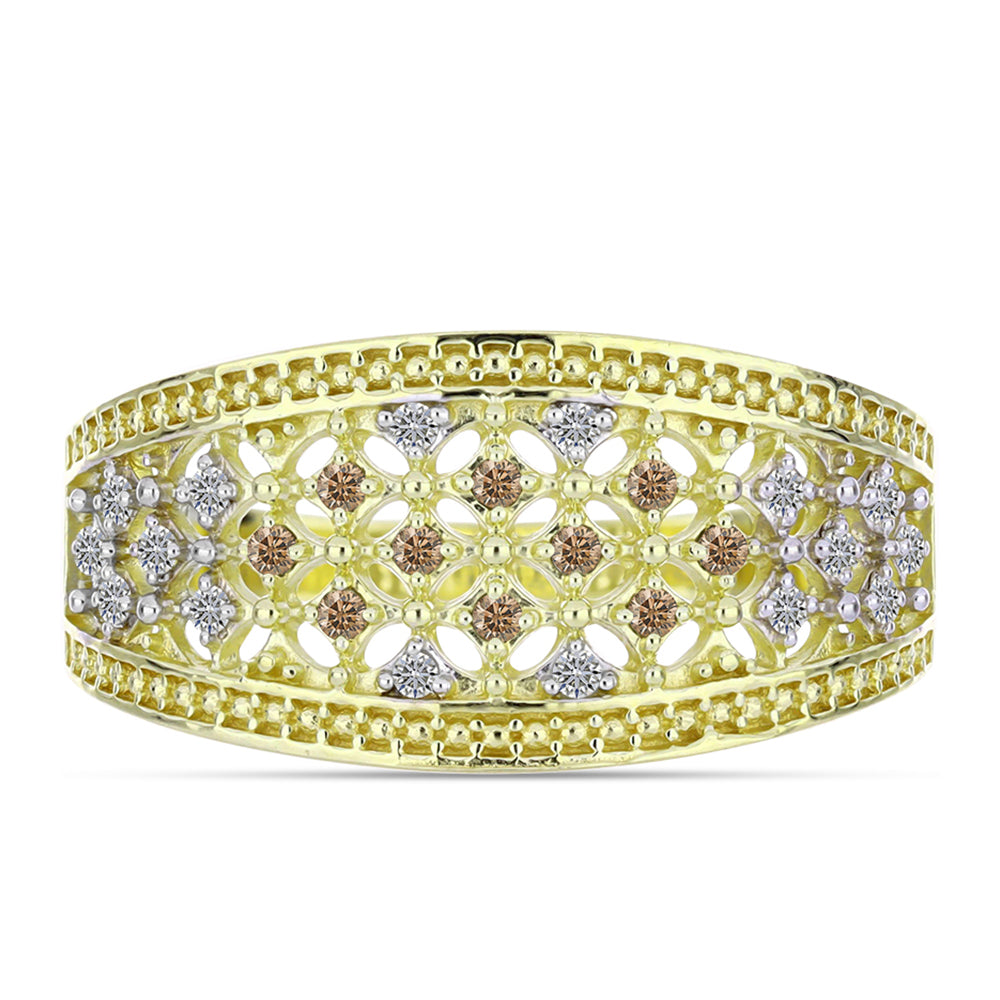 Anillo de Plata Bañada en Oro con Diamante Champagne y Diamante blanco
