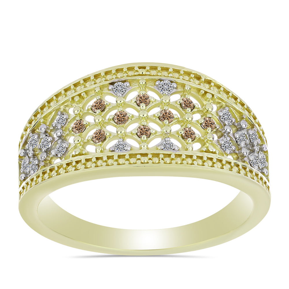 Anillo de Plata Bañada en Oro con Diamante Champagne y Diamante blanco