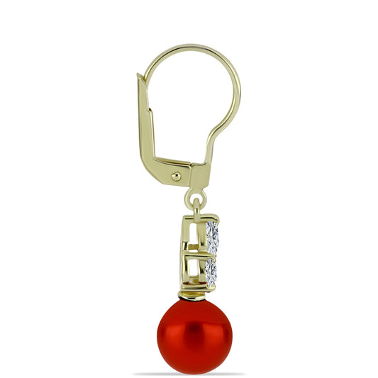 Pendientes de Plata Bañada en Oro con Perla roja de río y Topacio Blanco