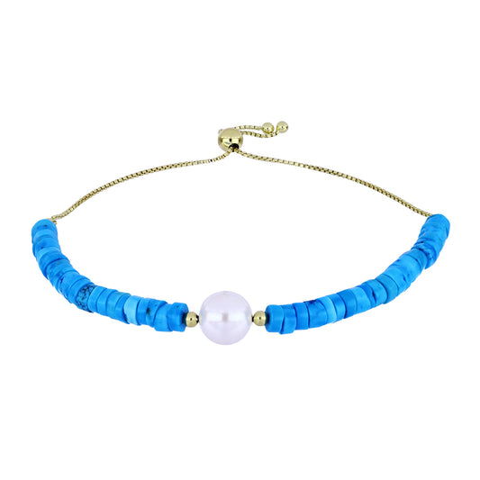 Pulsera de Plata Bañada en Oro con Turquesa Bella Durmiente y Perla de Agua Dulce