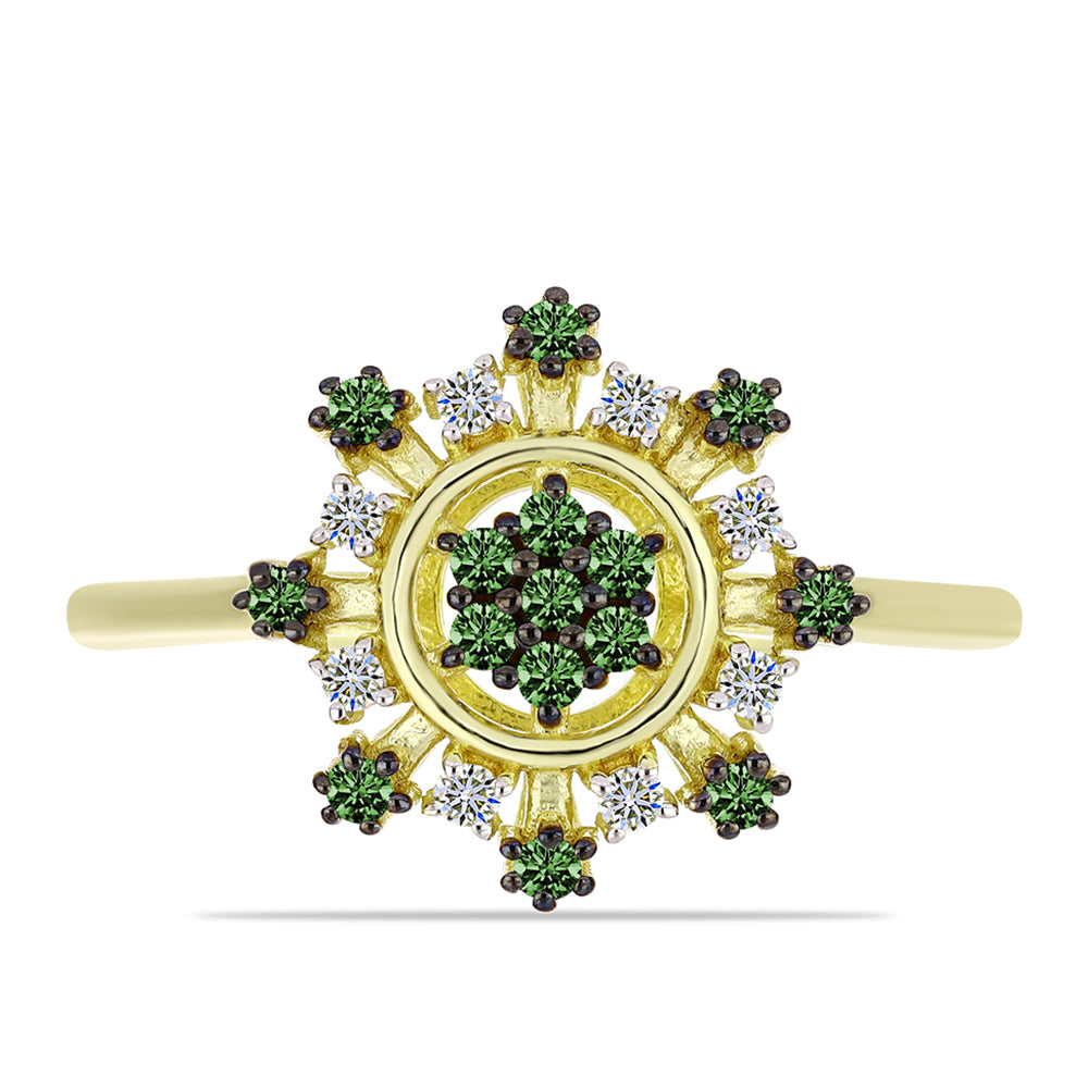 Anillo de Plata Bañada en Oro con Diamante Verde y Diamante blanco 1 