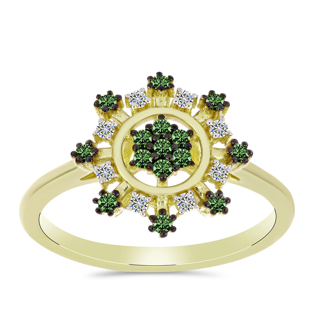 Anillo de Plata Bañada en Oro con Diamante Verde y Diamante blanco