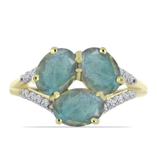 Anillo de Plata Bañada en Oro con Labradorita y Topacio Blanco