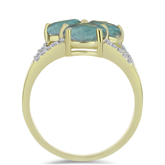 Anillo de Plata Bañada en Oro con Labradorita y Topacio Blanco