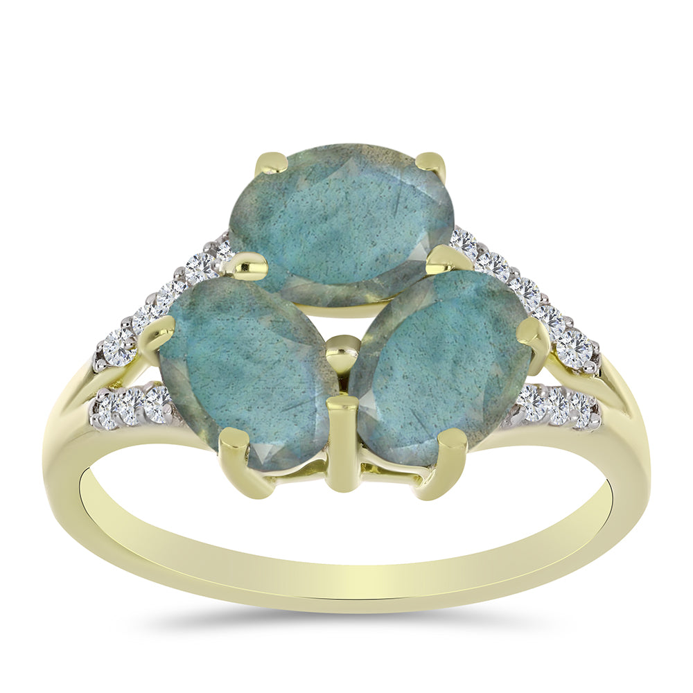 Anillo de Plata Bañada en Oro con Labradorita y Topacio Blanco