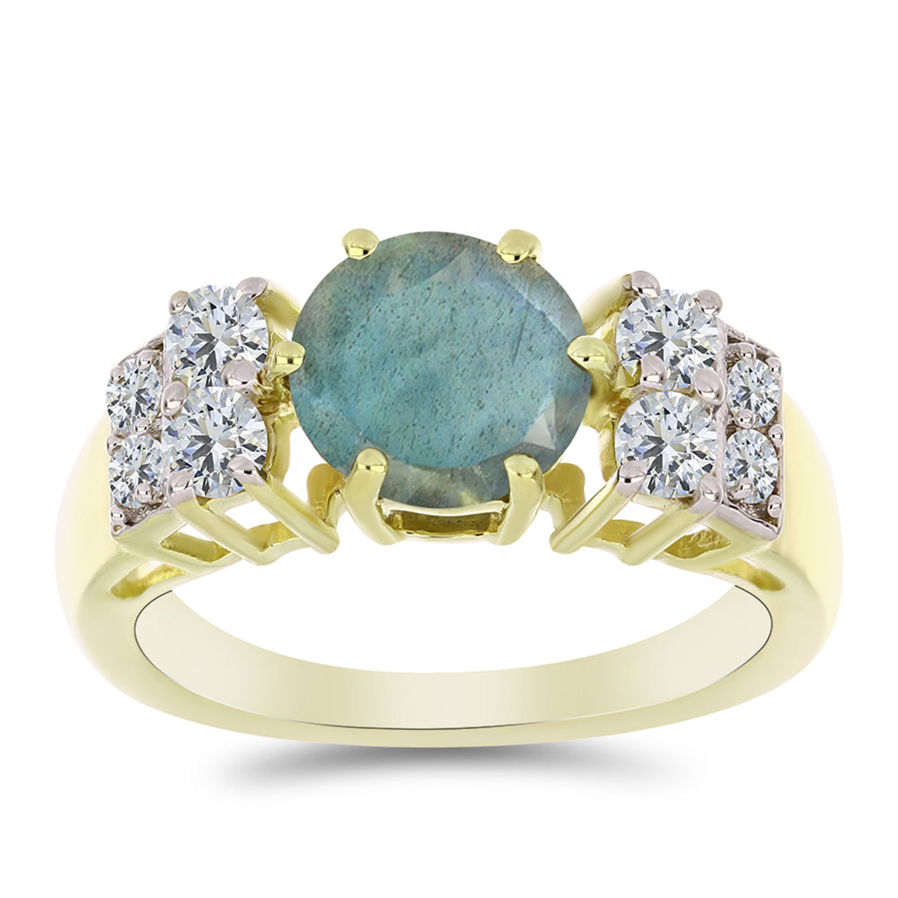 Anillo de Plata Bañada en Oro con Labradorita y Topacio Blanco 3 