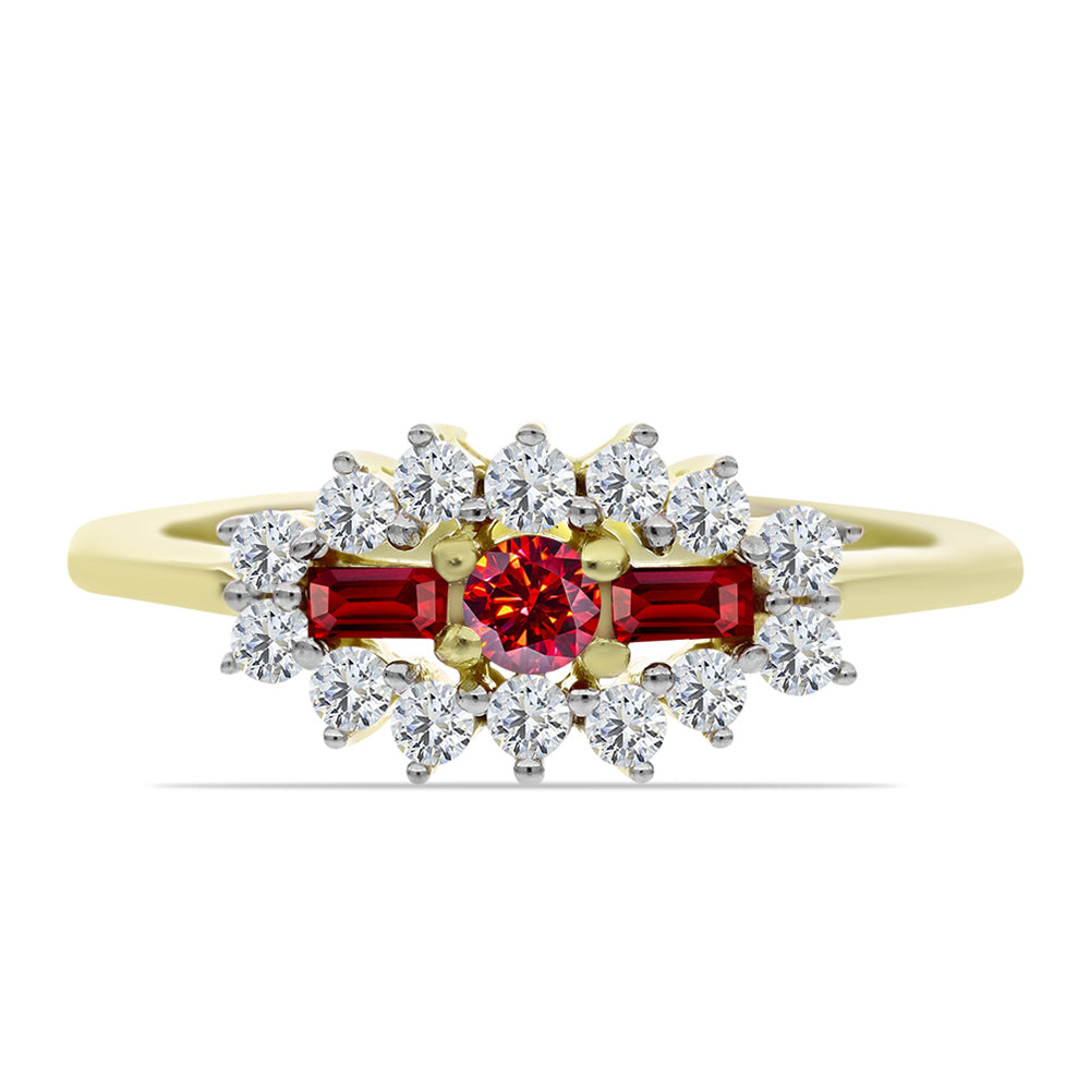 Anillo de Plata Bañada en Oro con Majestuosa moisanita roja y Topacio Blanco