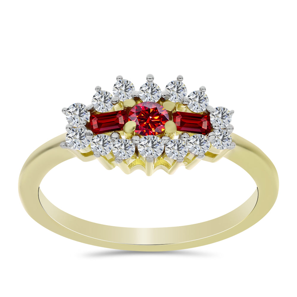 Anillo de Plata Bañada en Oro con Majestuosa moisanita roja y Topacio Blanco 3 