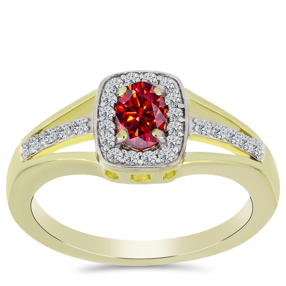 Anillo de Plata Bañada en Oro con Majestuosa moisanita roja y Topacio Blanco 3 