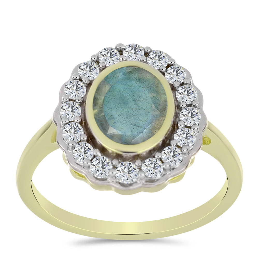 Anillo de Plata Bañada en Oro con Labradorita y Topacio Blanco