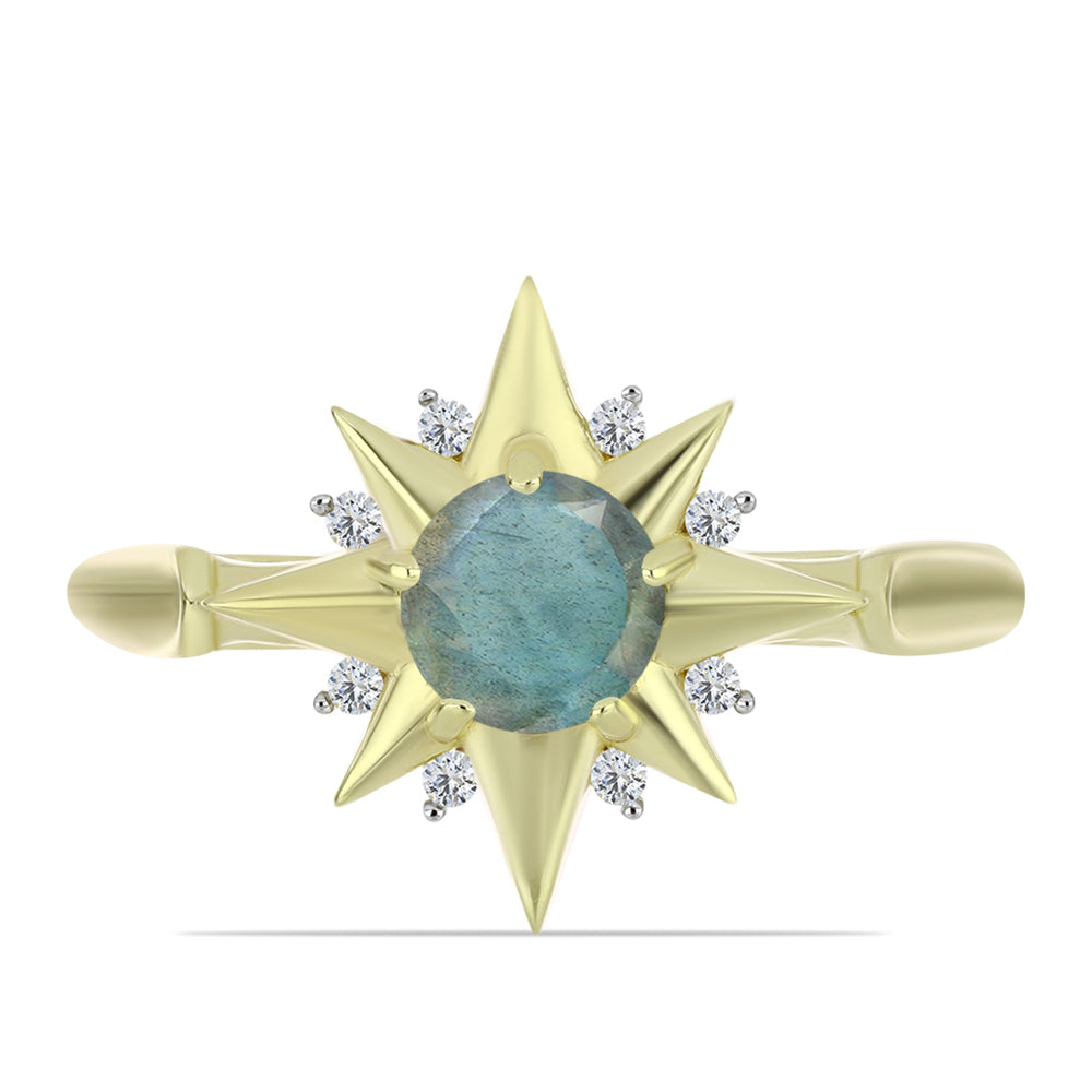 Anillo de Plata Bañada en Oro con Labradorita y Topacio Blanco
