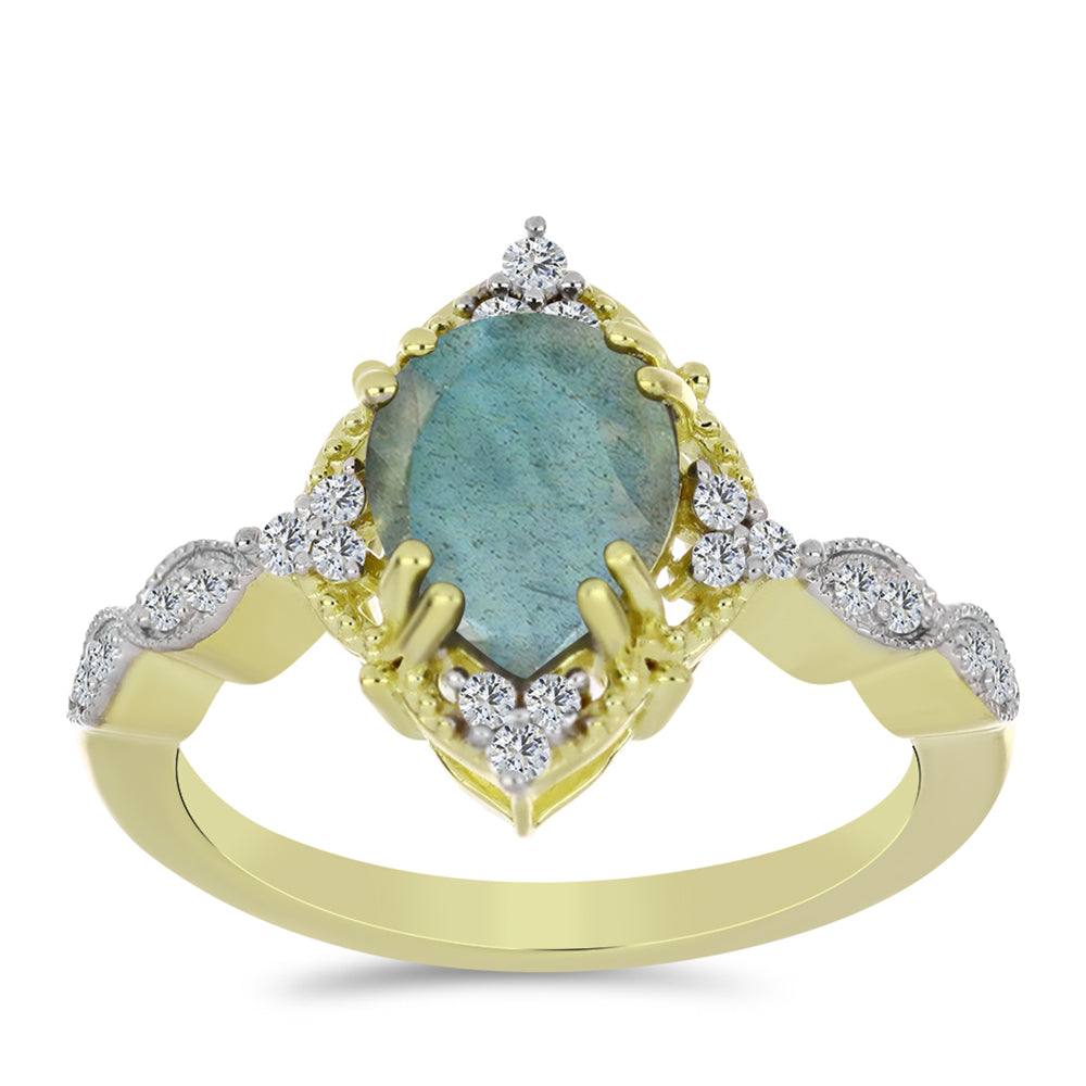 Anillo de Plata Bañada en Oro con Labradorita y Topacio Blanco 3 