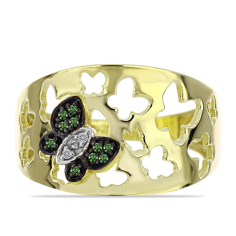 Anillo de Plata Bañada en Oro con Diamante Verde y Diamante blanco 1 