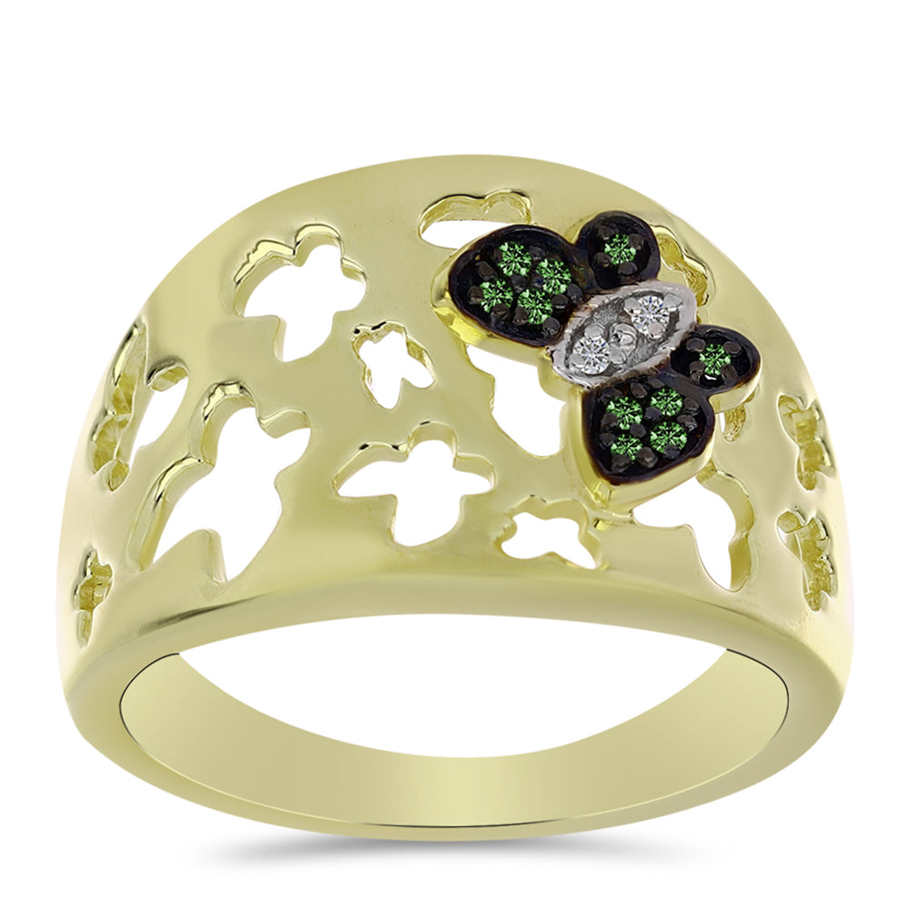 Anillo de Plata Bañada en Oro con Diamante Verde y Diamante blanco 3 