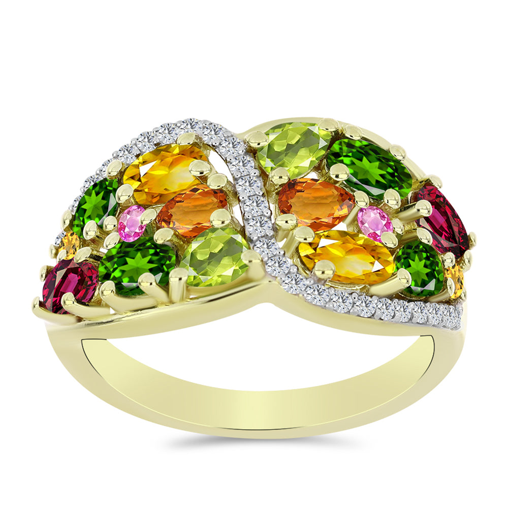 Anillo de Plata Bañada en Oro con Chakra Turmalina y Topacio Blanco