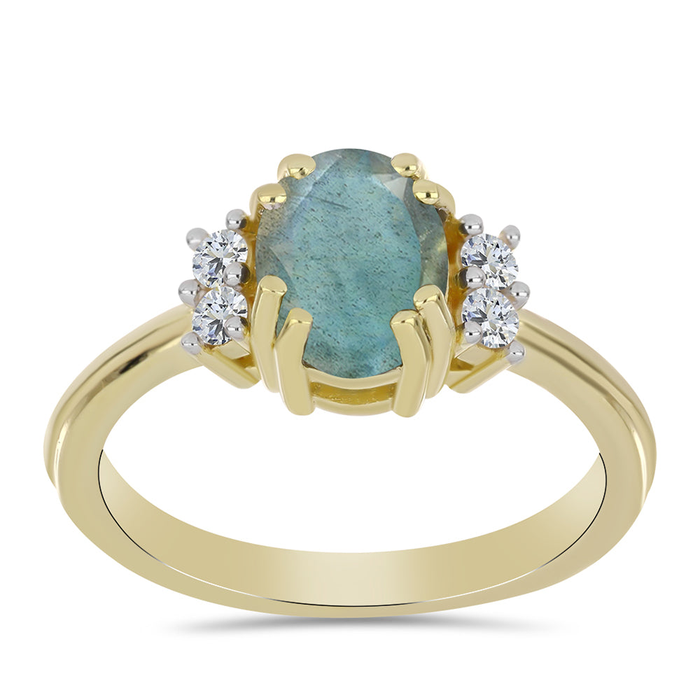 Anillo de Plata Bañada en Oro con Labradorita y Topacio Blanco 3 