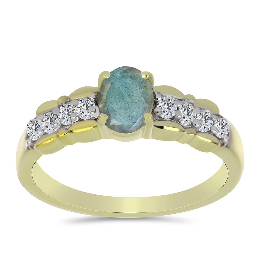 Anillo de Plata Bañada en Oro con Labradorita y Topacio Blanco