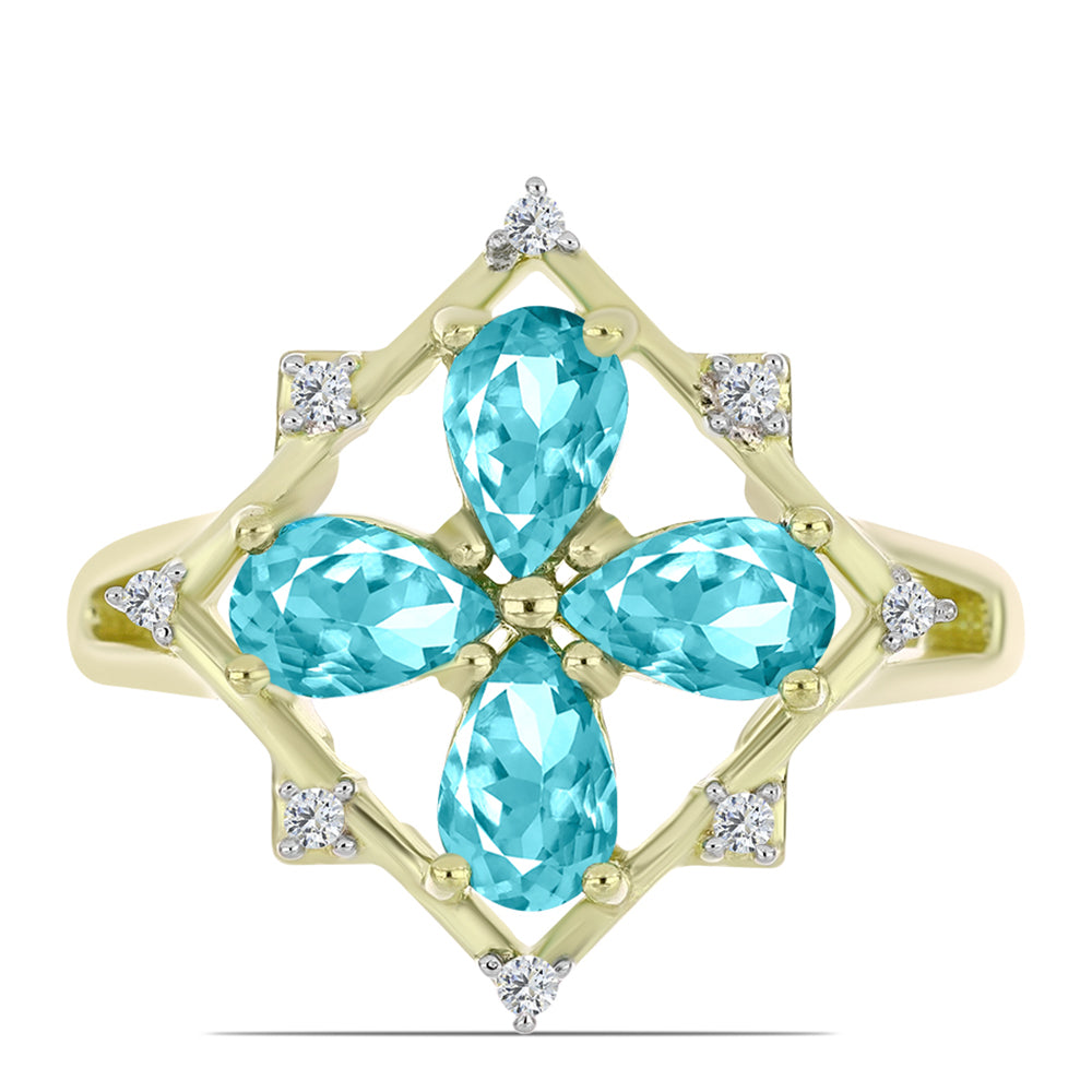 Anillo de Plata Bañada en Oro con Cuarzo Paraiba y Topacio Blanco 1 
