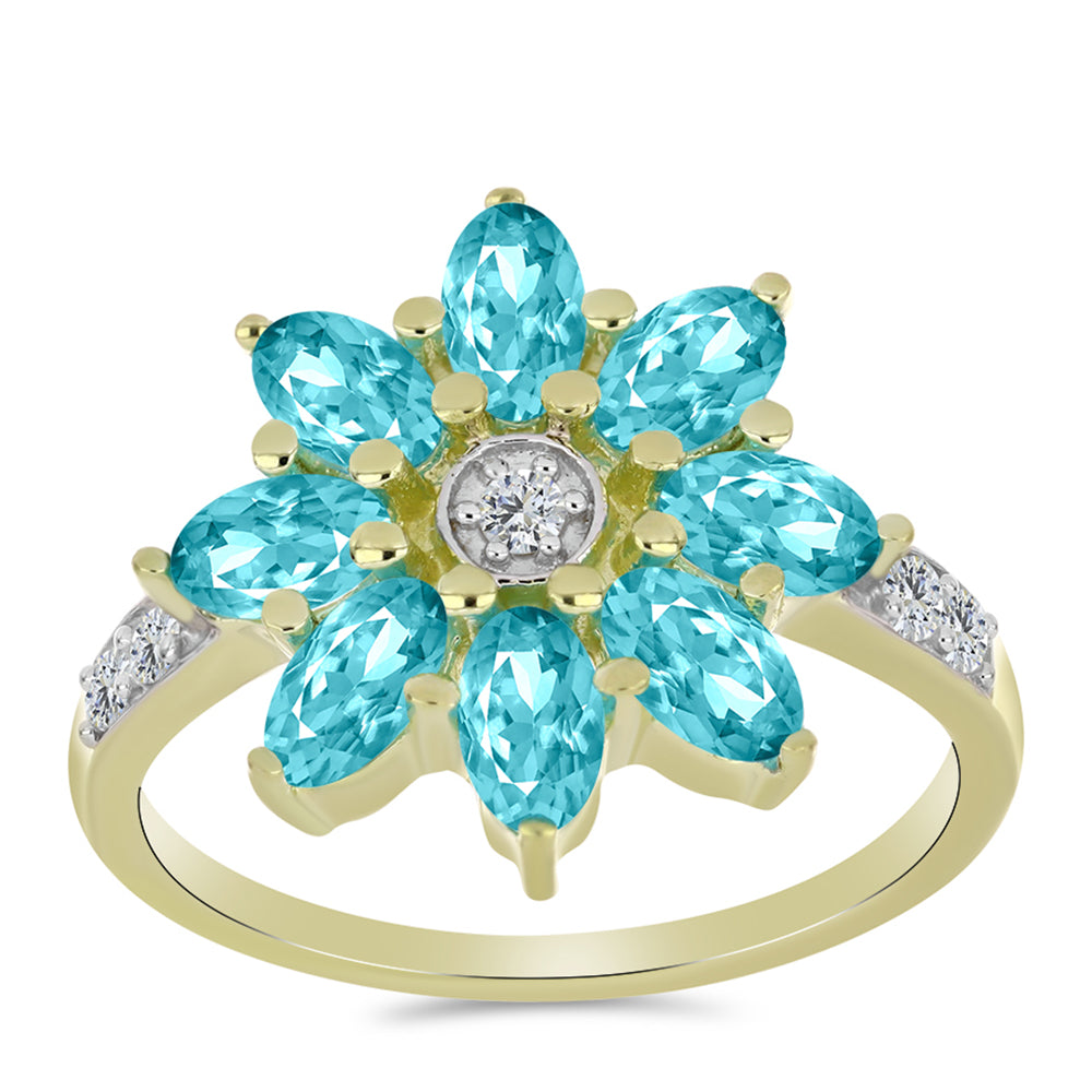Anillo de Plata Bañada en Oro con Cuarzo Paraiba y Topacio Blanco 3 