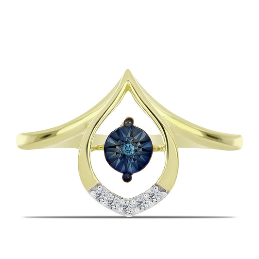 Anillo de Plata Bañada en Oro con Diamante azul danzante y Topacio Blanco