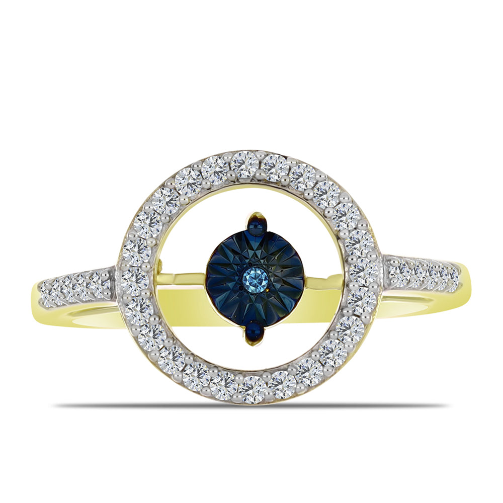 Anillo de Plata Bañada en Oro con Diamante azul danzante y Topacio Blanco 1 