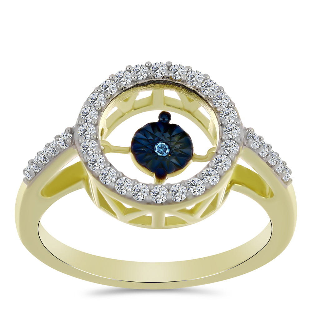 Anillo de Plata Bañada en Oro con Diamante azul danzante y Topacio Blanco 3 