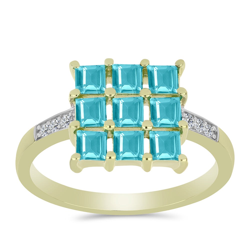 Anillo de Plata Bañada en Oro con Cuarzo Paraiba y Topacio Blanco 3 