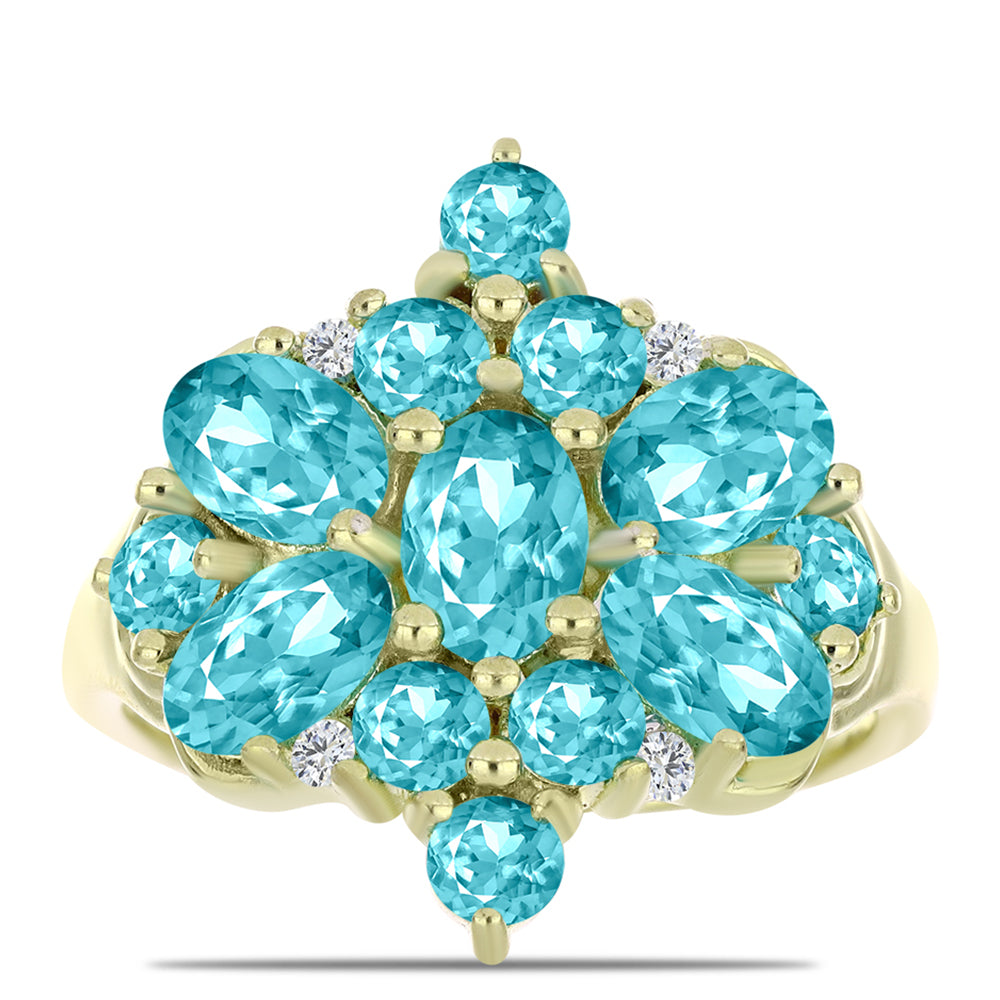 Anillo de Plata Bañada en Oro con Cuarzo Paraiba y Topacio Blanco